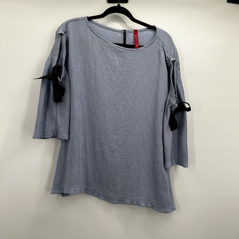 IC by Connie K Top Tunic‎ Womens Small Blue Ribbed Tie Bow Sleeve Cold Shoulder